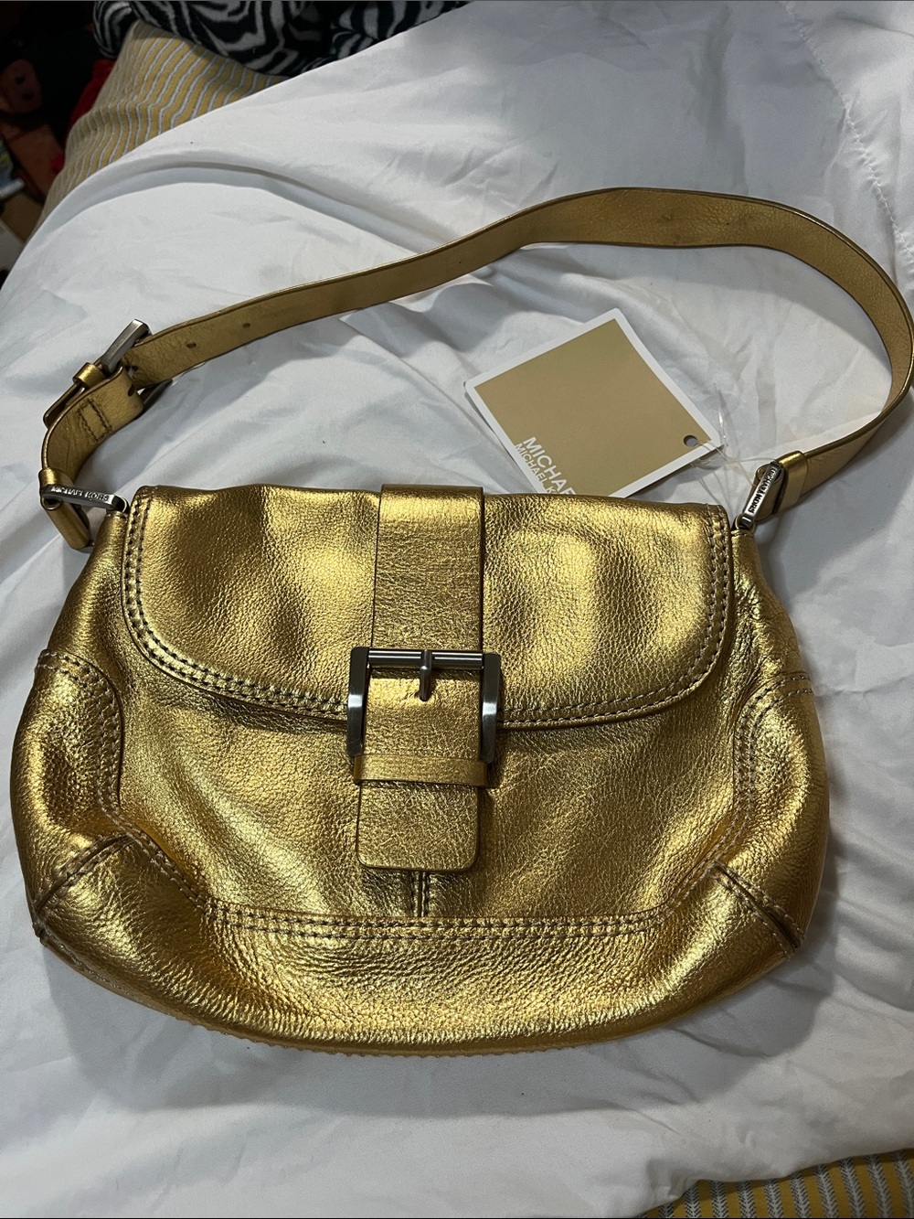 Michael Kors Gold Metallic Leather Shoulder Bag with Buckle Detail